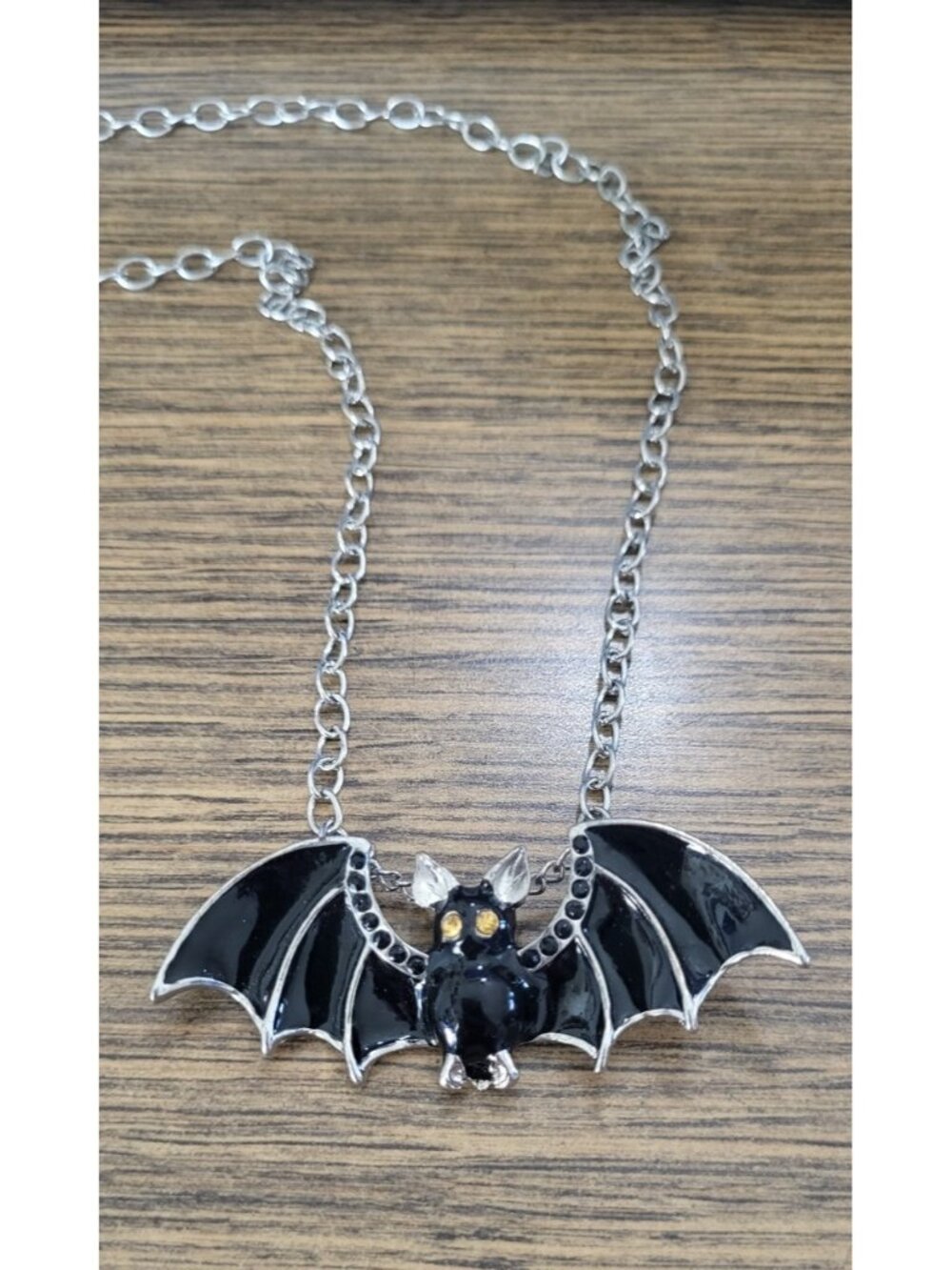 Gothic Black Enameled Bat Yellow-Eyed Pendant 34" Necklace Silver-Colored Chain